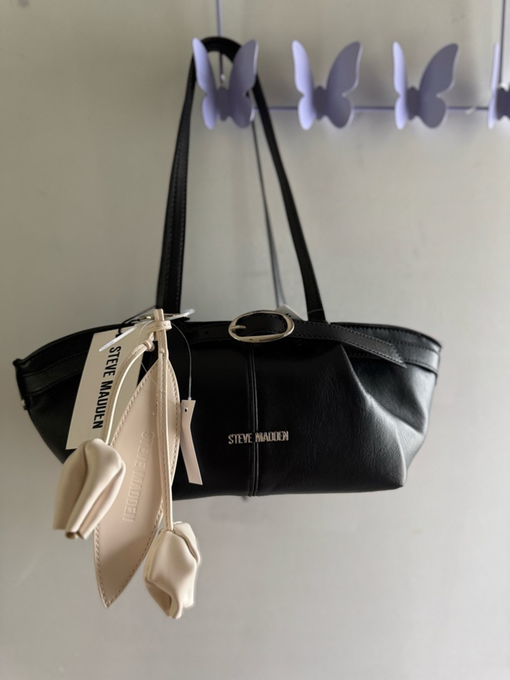 Steve Madden Black Leather Shoulder Satchel with Cream Charm